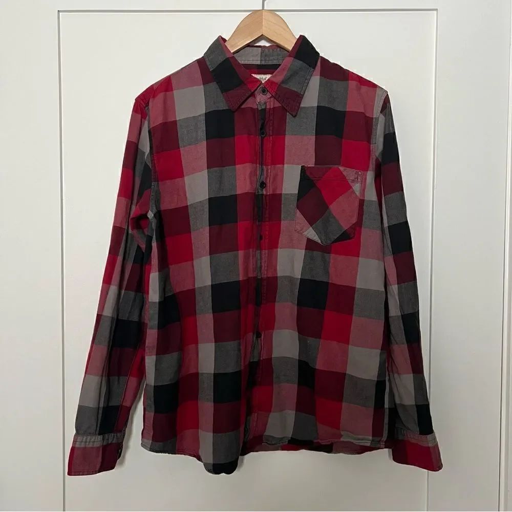 Anchor Blue Shirt Mens Medium Red Gray Plaid Button Up Long Sleeve Cotton